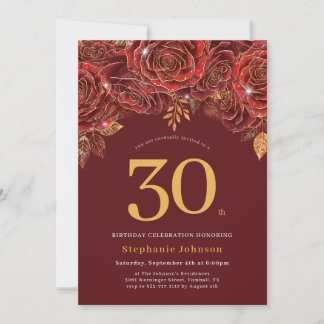Elegant Floral Gold Burgundy 30th Birthday Invitation