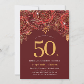 Elegant Floral Gold Burgundy 50th Birthday Invitation