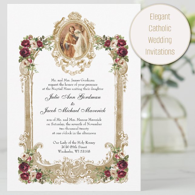 Elegant Floral & Gold Catholic Wedding Invitation (Creator Uploaded)