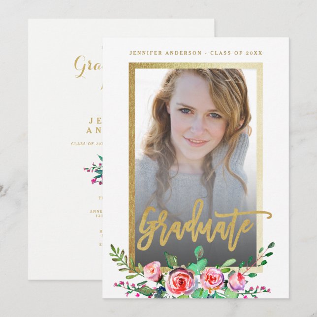 Elegant Floral Gold Chic Photo Graduation Party Invitation (Front/Back)
