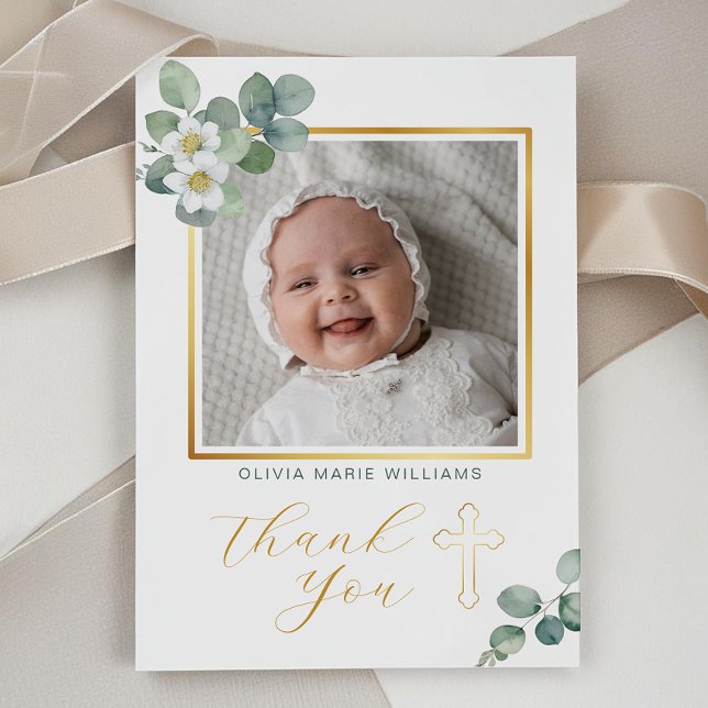 Elegant Floral Gold Cross Baptism Thank You Card (Gold Cross Photo Thank You Card)