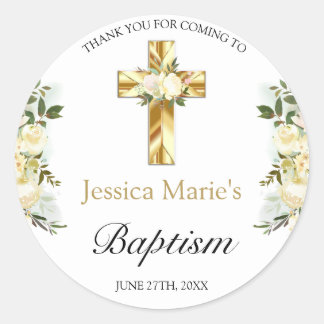Elegant Floral Gold Cross Baptism Thank You Classic Round Sticker