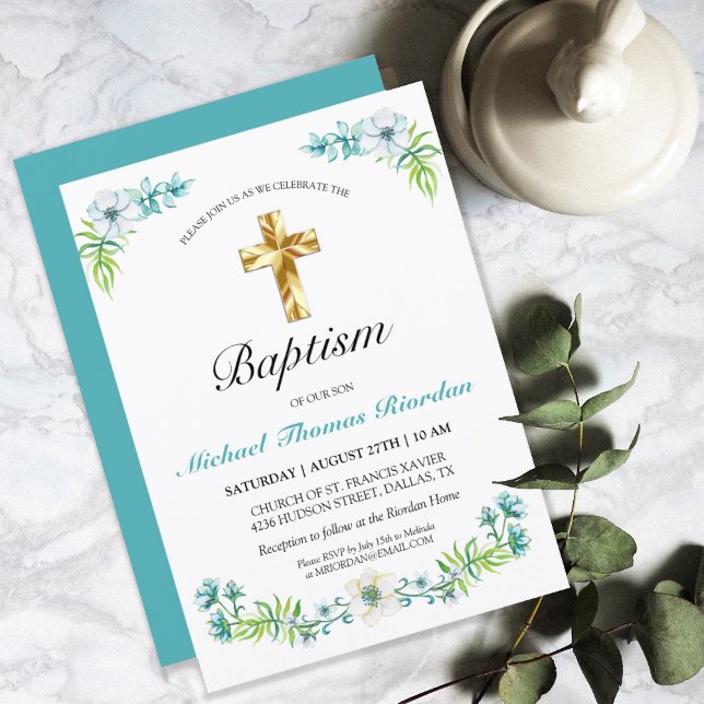 Elegant Floral Gold Cross Boy Baptism Invitation (Creator Uploaded)