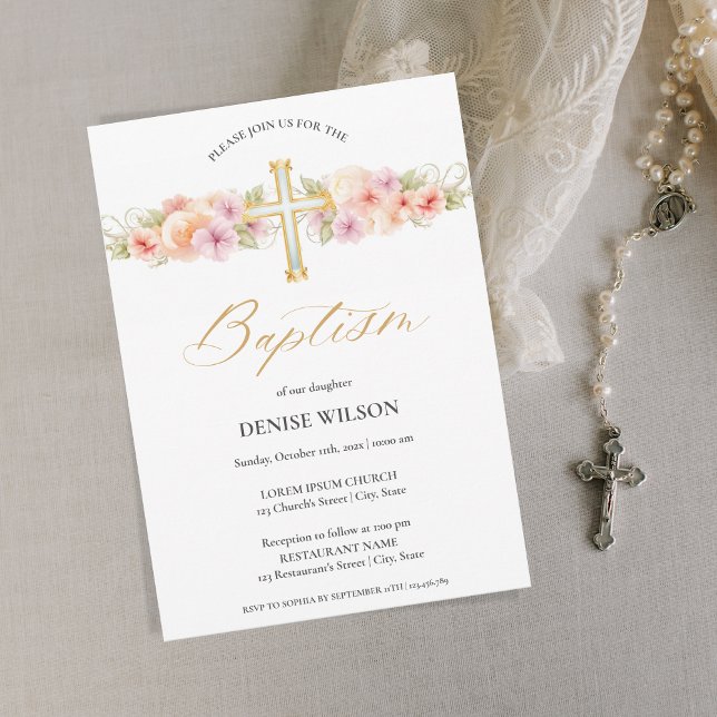 Elegant Floral Gold Cross Christening Baptism  Invitation (Creator Uploaded)