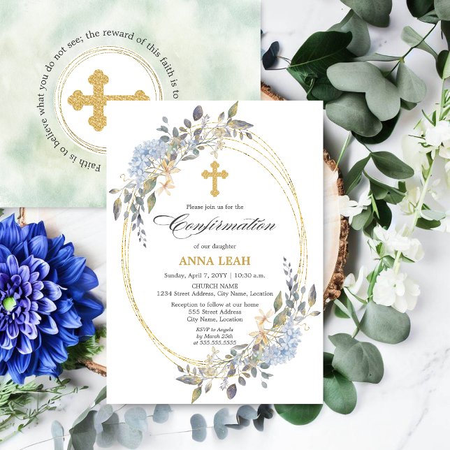Elegant Floral Gold Cross Confirmation Invitation (Beautiful watercolor floral and gold frame religious event invitation front and back view.)