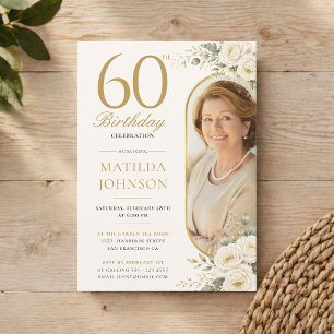 Elegant Floral Gold Custom Photo 60th Birthday Invitation