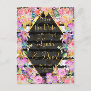 Elegant floral gold dots, stripes wedding design announcement postcard