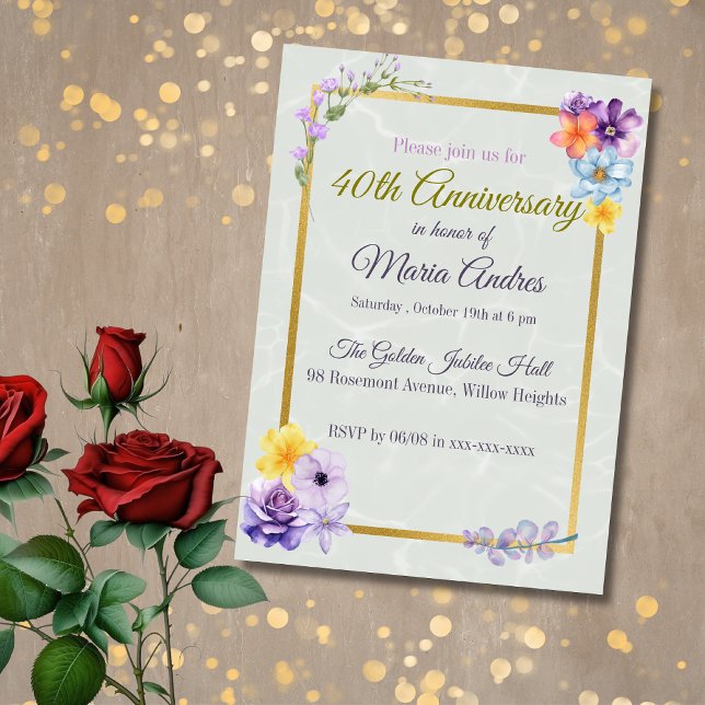 Elegant Floral Gold Frame 40th Birthday Invitation (Creator Uploaded)