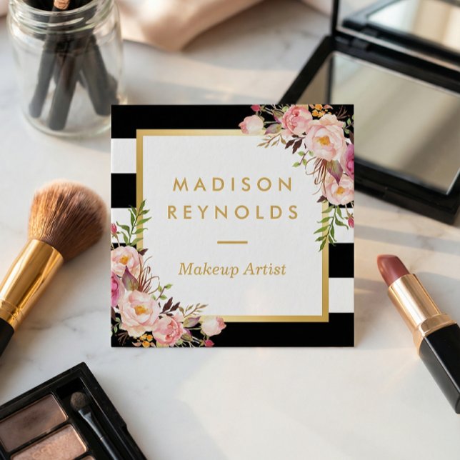 Elegant Floral Gold Frame Black White Stripes Square Business Card (Creator Uploaded)