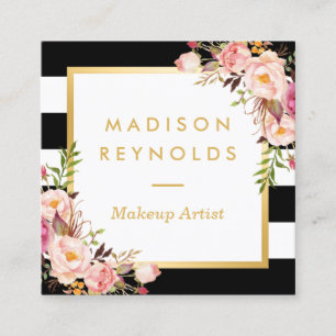 Elegant Floral Gold Frame Black White Stripes Square Business Card