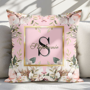 Elegant Floral gold Frame Monogram Blush Pink      Cushion