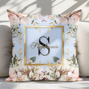 Elegant Floral gold Frame Monogram Light Blue    Cushion