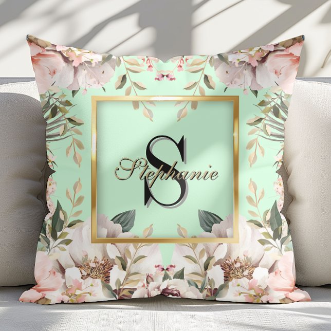 Elegant Floral gold Frame Monogram Light Green Cushion (Creator Uploaded)