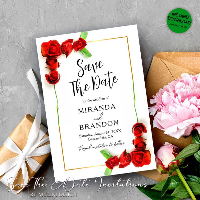 Elegant Floral Gold Frame Red Roses Save The Date Invitation (Creator Uploaded)