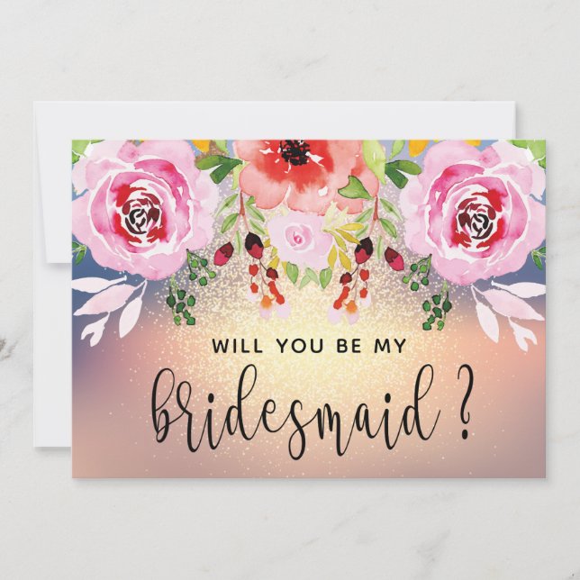 Elegant Floral Gold Glitter Be My Bridesmaid Invitation (Front)