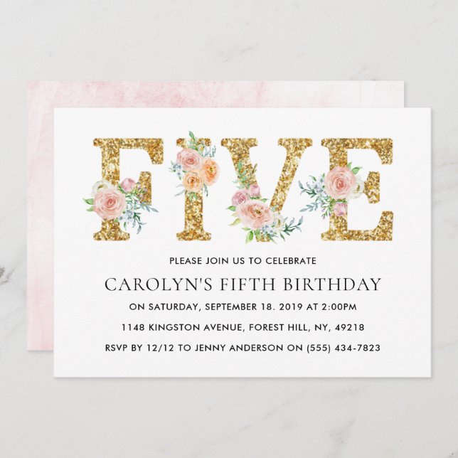 Elegant Floral Gold Glitter FIVE 5th Birthday Invitation (Front/Back)