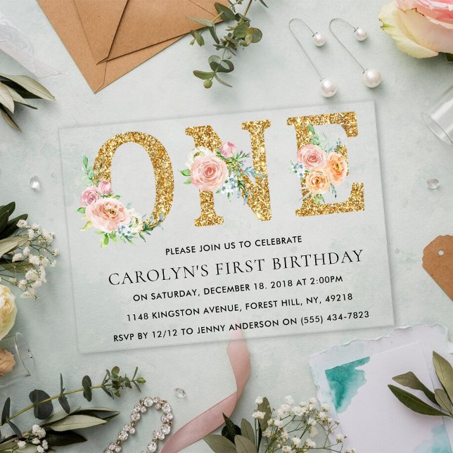 Elegant Floral Gold Glitter ONE 1st Birthday Acrylic Invitations (Creator Uploaded)