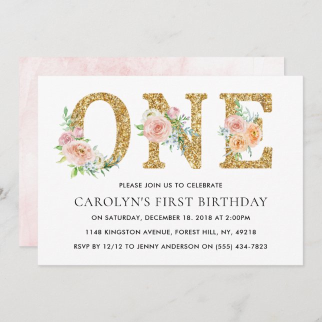 Elegant Floral Gold Glitter ONE 1st Birthday Invitation (Front/Back)