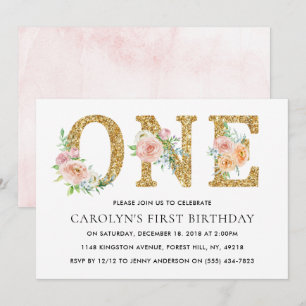 Elegant Floral Gold Glitter ONE 1st Birthday Invitation