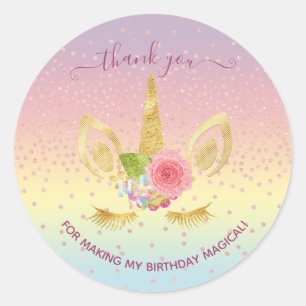 Elegant floral gold glitter unicorn thank you classic round sticker