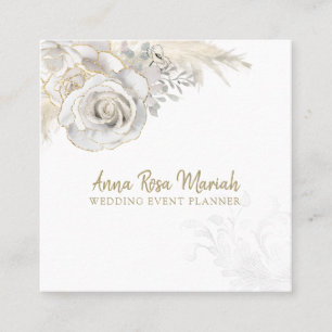 *~* Elegant Floral Gold Glitter White Rose Flower Square Business Card