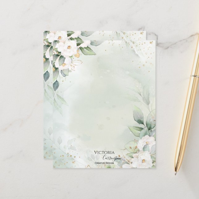 Elegant Floral Gold Green Professional Stationery (Front/Back In Situ)