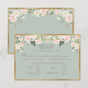 Elegant Floral Gold Green Script Wedding RSVP Card