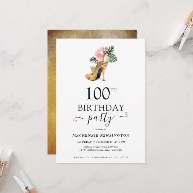Elegant Floral Gold High Heels 100th Birthday Invitation (Front/Back In Situ)