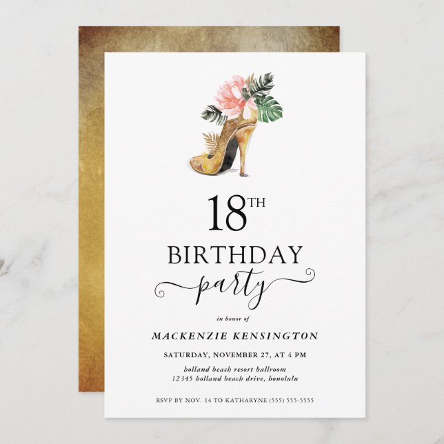 Elegant Floral Gold High Heels 18th Birthday Invitation (Front/Back)