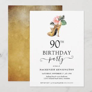 Elegant Floral Gold High Heels 90th Birthday Invitation