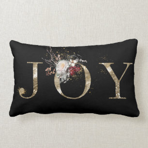 Elegant Floral Gold JOY Christmas Lumbar Cushion