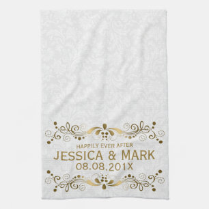 Elegant Floral Gold Lace With White Damasks 2 Tea Towel