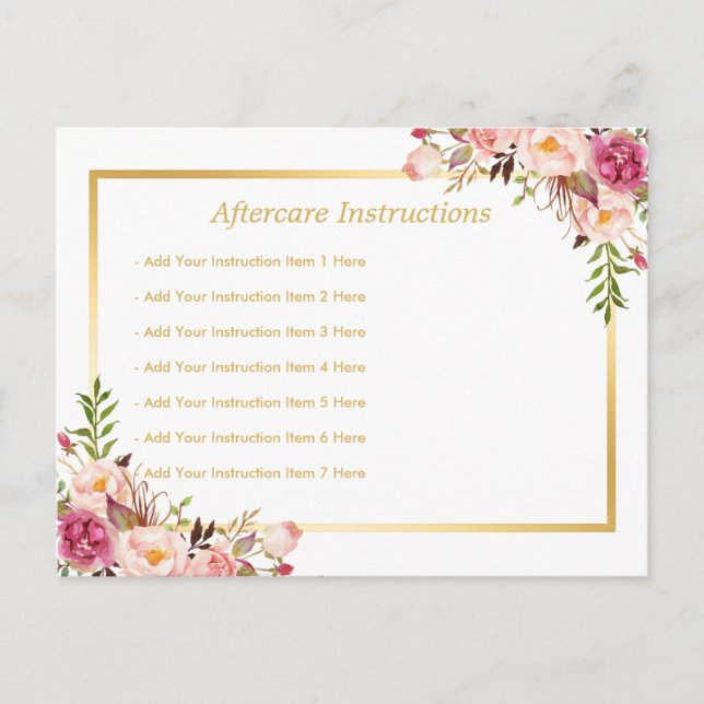 Elegant Floral Gold Lash Salon Aftercare Card (Front)