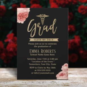 Elegant Floral Gold Medical Nurse Graduation Party Invitation