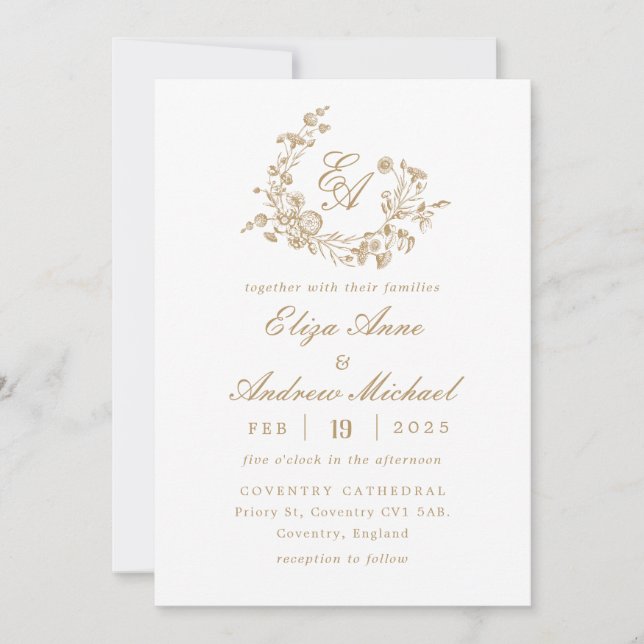 Elegant Floral Gold Monogram Crest Wedding Invitation (Front)