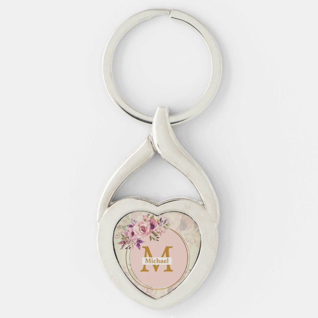Elegant Floral Gold Monogram Heart, Name & Initial Key Ring (Front)