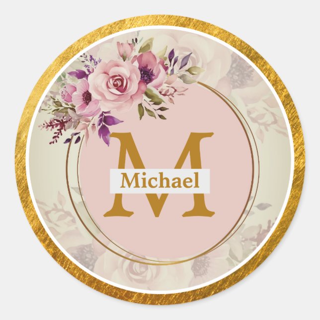 Elegant Floral Gold Monogram | Name & Initial Classic Round Sticker (Front)