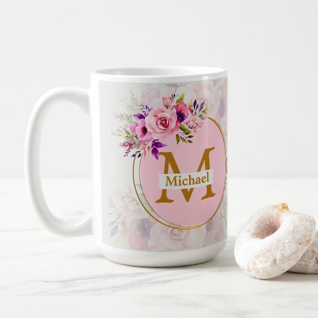 Elegant Floral Gold Monogram | Name & Initial Coffee Mug (With Donut)