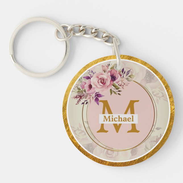 Elegant Floral Gold Monogram | Name & Initial Key Ring (Front)