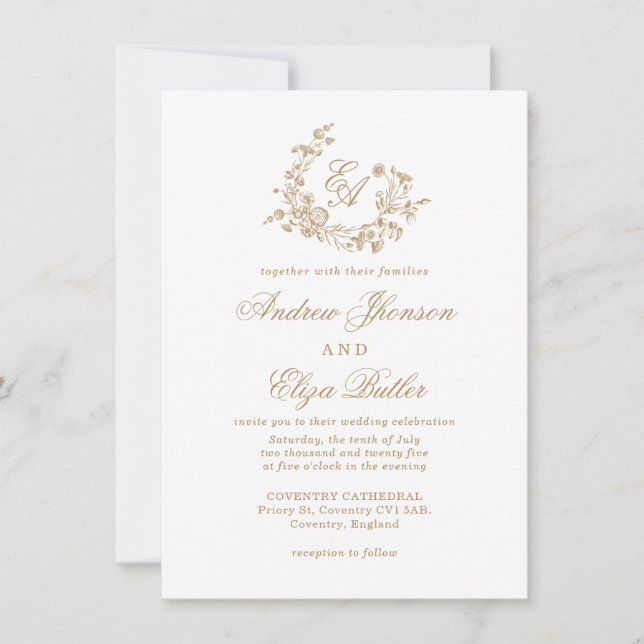 Elegant Floral Gold Monogram Wedding Invitation (Front)