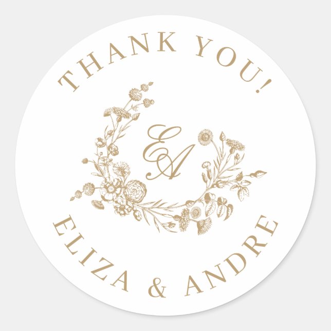 Elegant Floral Gold Monogram Wedding Thank You Classic Round Sticker (Front)