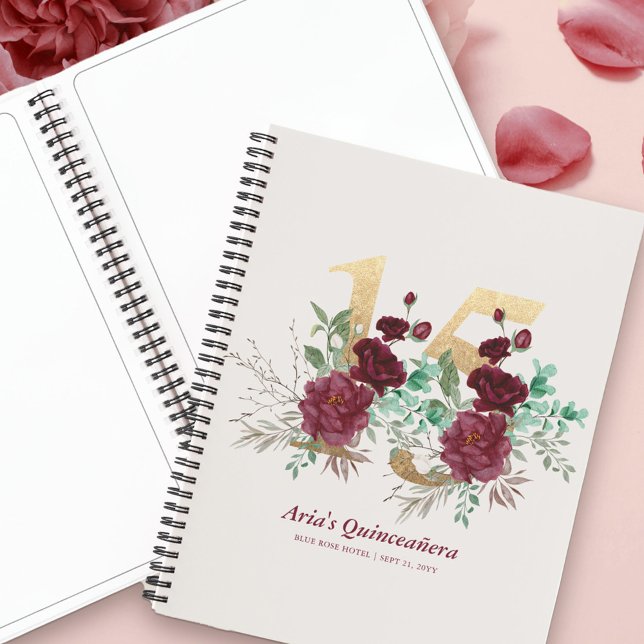 Elegant Floral Gold Number 15 Burgundy Guestbook Notebook (Elegant Floral Mis Quince Planner or Guest Book from my Royal Rose quinceanera collection)
