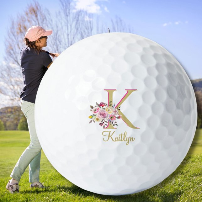 Elegant Floral Gold Pink Custom Monogram Name  Golf Balls (Creator Uploaded)