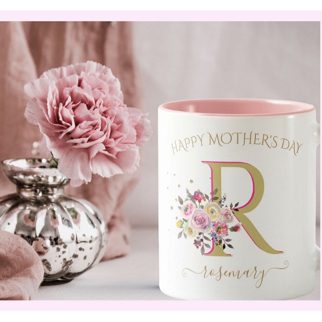 Elegant Floral Gold Pink YOUR Monogram Name     Two-Tone Coffee Mug (Creator Uploaded)
