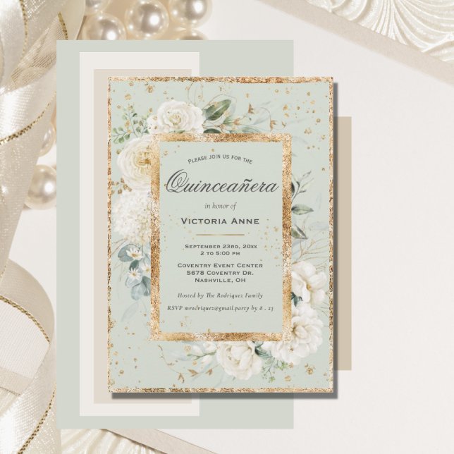Elegant Floral Gold Sage Modern Quinceañera Invitation (Creator Uploaded)
