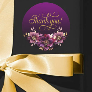 Elegant Floral Gold Script Thank you Purple Classic Round Sticker