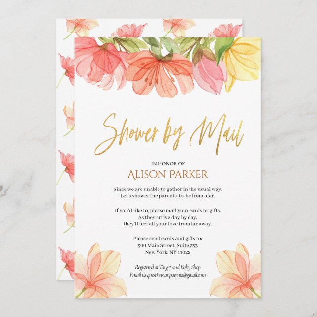 Elegant Floral Gold Script Watercolor Greenery Invitation (Front/Back)