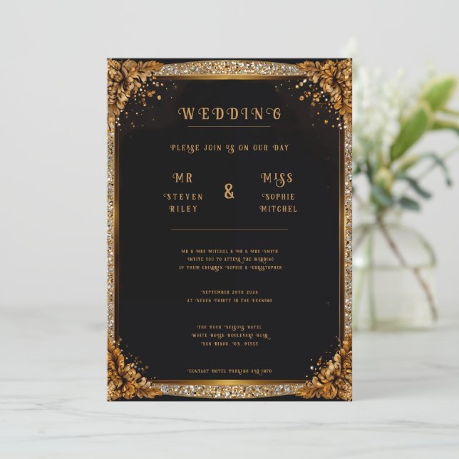 Elegant Floral Gold & Silver Wedding Invitations (Standing Front)