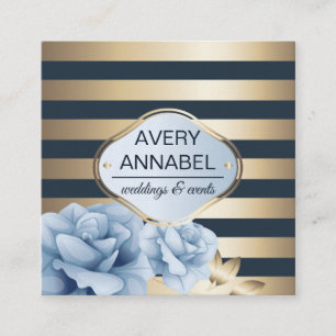 Elegant Floral Gold Stripes on midnight blue Square Business Card