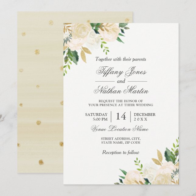 Elegant Floral Gold Watercolor Wedding Invitation (Front/Back)